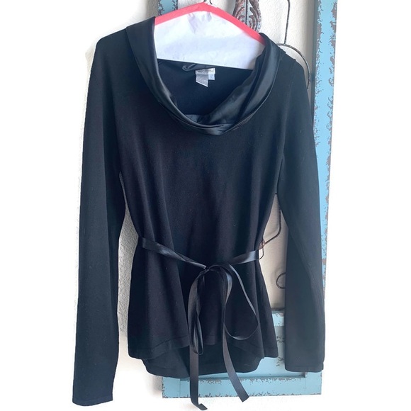 Worth Black Sweater, Silk Neckline, Waist Tie - Picture 7 of 10